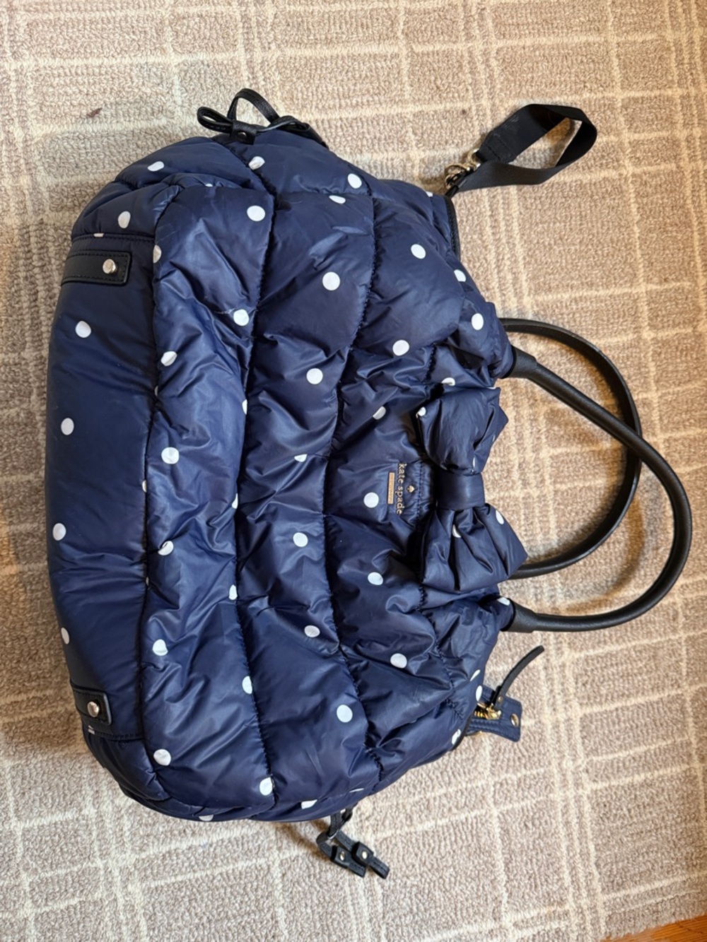 kate spade navy polka dot quilted tote with bow baby bag with changing pad.